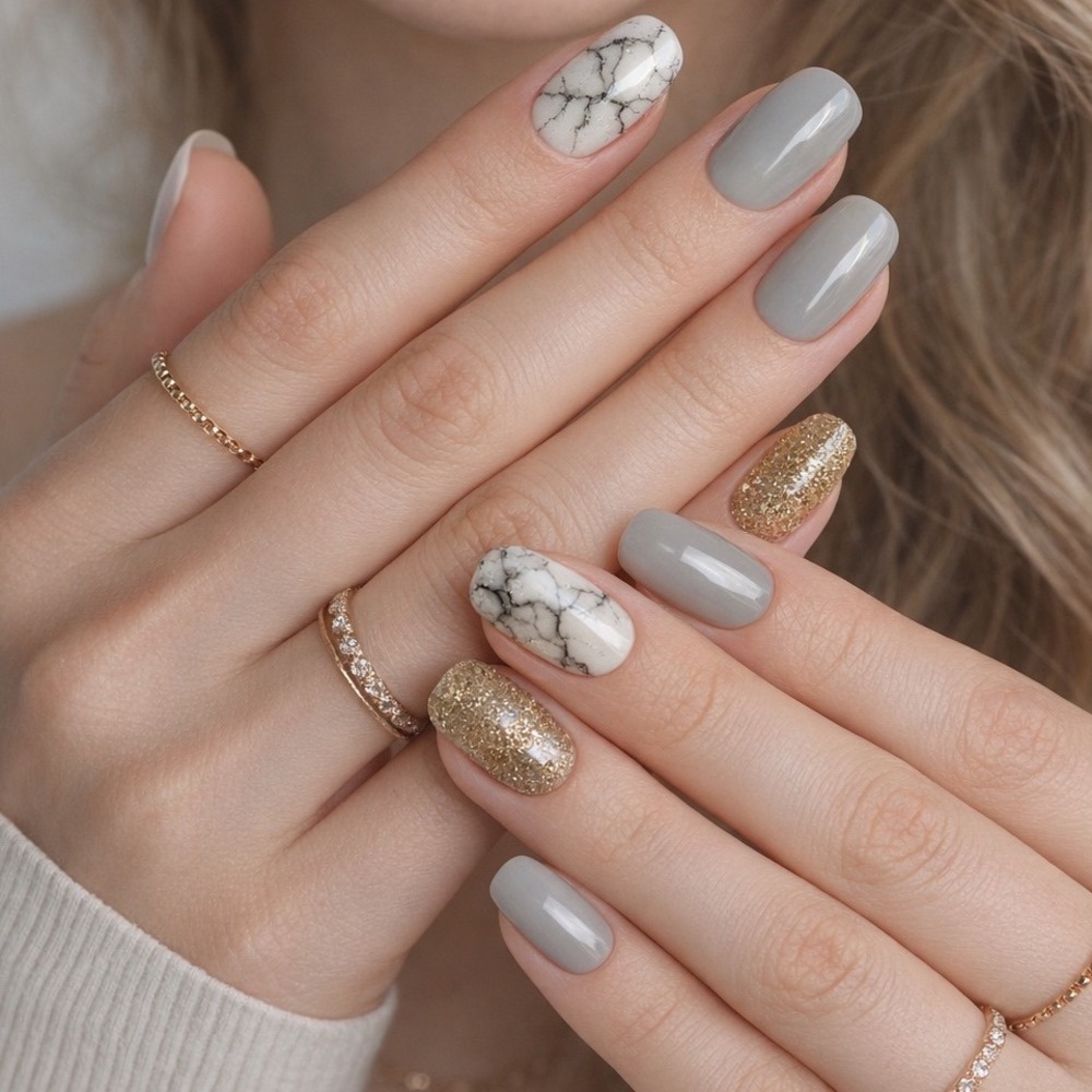 Kiss New imPRESS Press On Manicure Nails Gray White 30 Nails 6 Accents 93-52